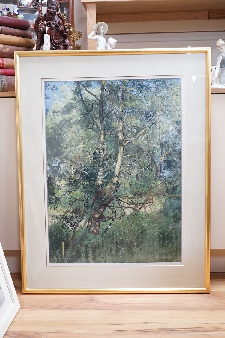 Brian Nolan (1931-2019), watercolour, Landscape with tree and magpies, signed, 74 x 54cm. Condition - good
